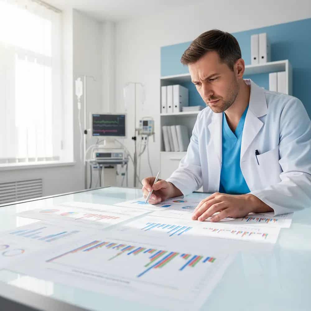 Healthcare professional in clinical setting reviewing medical data