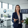 Female health tech founder smiling in modern office